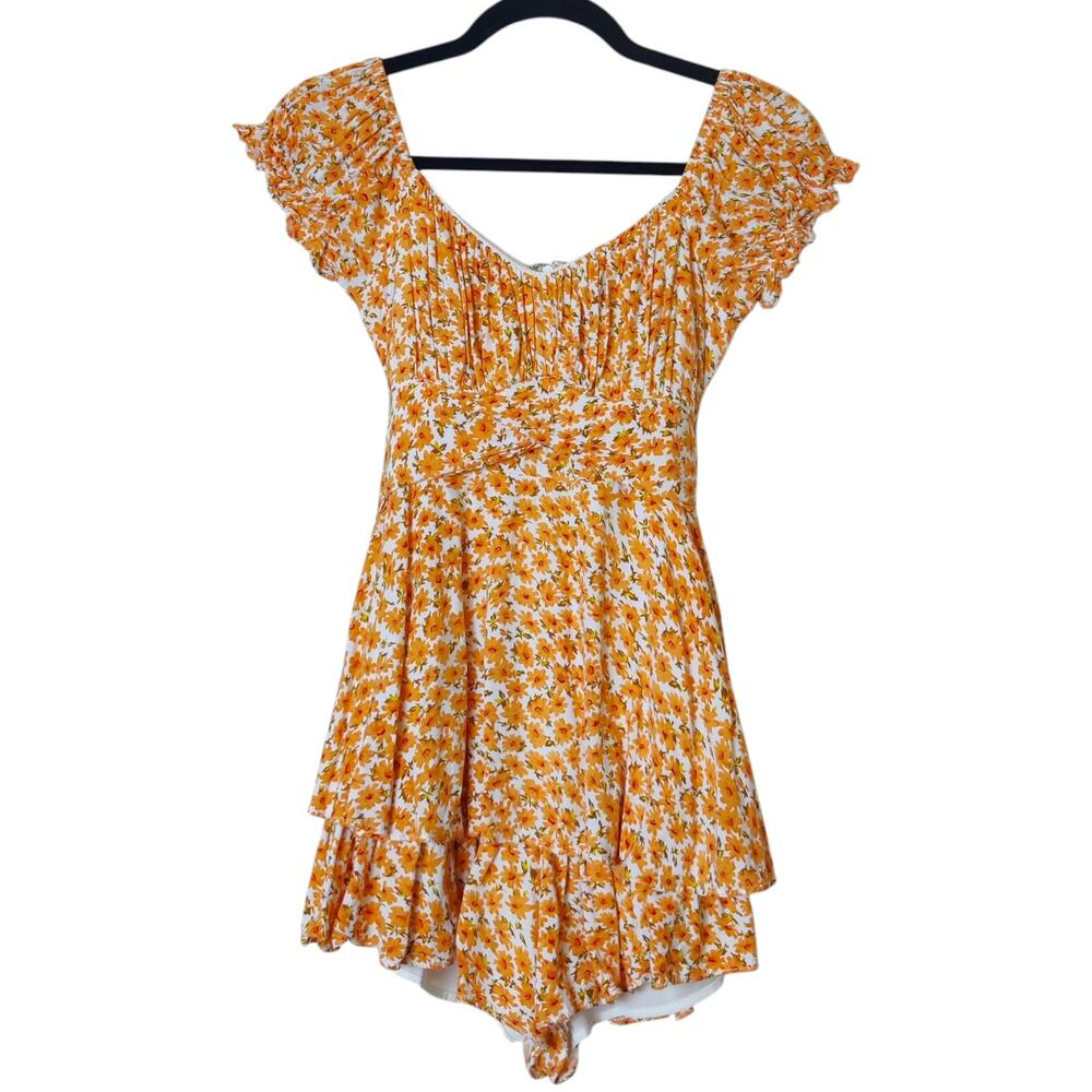 O. Vianca Orange Floral Puff Sleeve Milkmaid Romper Playsuit Small Cottagecore